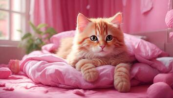 AI generated a fluffy orange cat laying on a pink blanket in a pink room photo