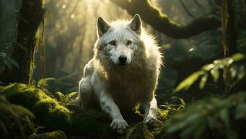 AI generated a white wolf is sitting in the woods photo