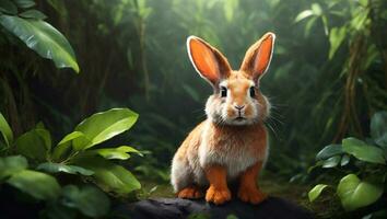 AI generated a rabbit is sitting in the middle of a jungle photo