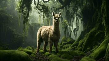 AI generated llama in the mossy jungle photo