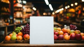 ai generado generativo ai, póster o letrero burlarse de arriba para logo diseño, marca presentación en borroso comida mercado antecedentes foto