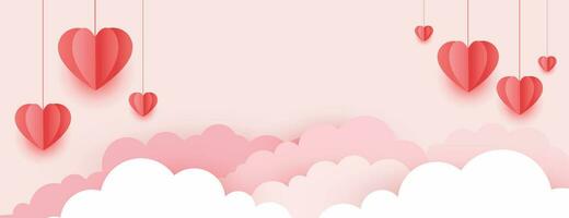 banner horizontal con cielo rosa y nubes cortadas en papel. lugar para el texto. plantilla de cupón o encabezado de venta de feliz día de san valentín con corazones. marco de borde de cloudscape rosa colores pastel. vector