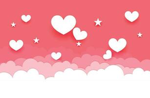 Horizontal banner with pink sky and paper cut clouds. Place for text. Happy Valentine's day sale header or voucher template with hearts. Rose cloudscape border frame pastel colors. vector