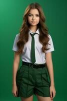 AI generated Happy schoolgirl student wearing school uniform isolated on green background, Studio shot, closeup, Education concept. photo