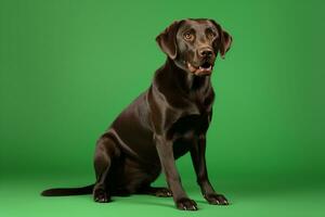 ai generado un Labrador perdiguero perro es en pie en un verde pantalla foto