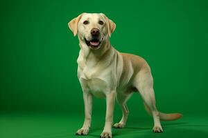 ai generado un Labrador perdiguero perro es en pie en un verde pantalla foto