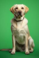 AI generated portrait of labrador retriever dog sitting on a green background, studio photo. photo