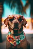 AI generated dog wearing sunglasses and a bandana on a tropical background photo