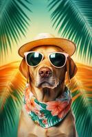 AI generated dog wearing sunglasses and a bandana on a tropical background photo