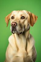 AI generated portrait of labrador retriever dog sitting on a green background, studio photo. photo