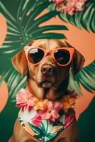 AI generated dog wearing sunglasses and a bandana on a tropical background photo