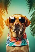 AI generated dog wearing sunglasses and a bandana on a tropical background photo