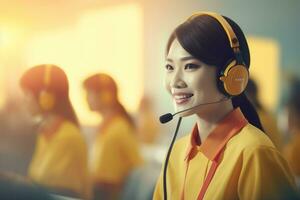 an asian people wearing a headset working in a call center photo