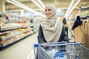 a woman wearing a hijab is shopping in a mall photo