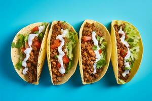 tacos with meat and vegetables on a blue background photo