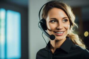 a woman wearing headphones in a call center photo