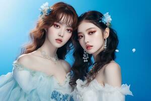 Korean beauty models with make up posing for fairy themed photos