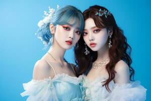 Korean beauty models with make up posing for fairy themed photos