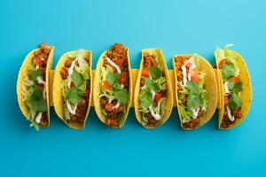 tacos with meat and vegetables on a blue background photo