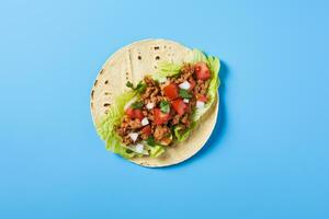 tacos with meat and vegetables on a blue background photo