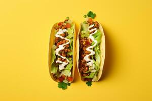 two tacos with meat and lettuce on a yellow background photo