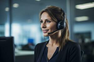 un mujer vistiendo auriculares en un llamada centrar foto