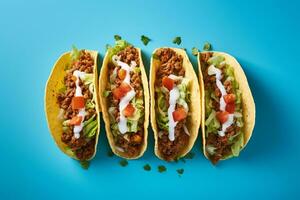 tacos with meat and vegetables on a blue background photo