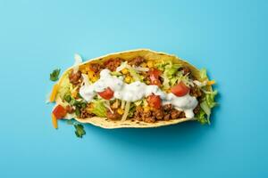 tacos with meat and vegetables on a blue background photo