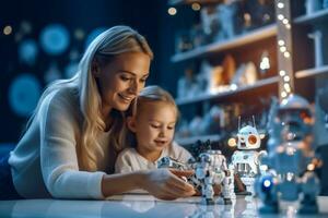 un madre y hija jugando con juguete robots foto