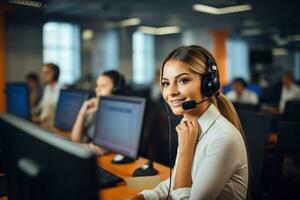 a woman wearing headphones in a call center photo