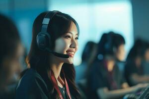 un asiático personas vistiendo un auriculares trabajando en un llamada centrar foto