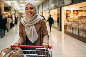 a woman wearing a hijab is shopping in a mall photo