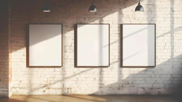 AI generated Generative AI, set of three posters mock up, blank minimalistic background, artwork template photo