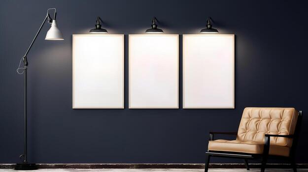 AI generated Generative AI, set of three posters mock up, blank minimalistic background, artwork template photo