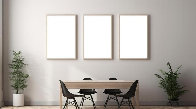 AI generated Generative AI, set of three posters mock up, blank minimalistic background, artwork template photo