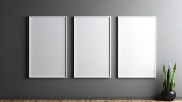 AI generated Generative AI, set of three posters mock up, blank minimalistic background, artwork template photo