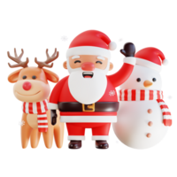 Christmas Santa Claus with reindeer and snowman. Happy New Year and Merry Christmas. Realistic 3d design of objects and decorated for Holiday card, banner, web poster, ads. 3D Rendering png