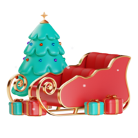 Merry Christmas and Happy New Year. Christmas Santa sleigh with Christmas tree, gift box, bauble ball. Realistic 3d design of objects for Holiday card, banner, web poster, ads. 3D Rendering png