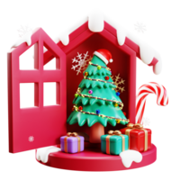 alegre Navidad y contento nuevo año. Navidad árbol con adornos chuchería pelota, regalo caja, caramelo caña. realista 3d diseño de objetos para fiesta tarjeta, bandera, web póster, anuncios 3d representación png