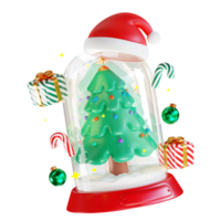 Merry Christmas and Happy New Year. Christmas tree in glass dome with bauble ball, gift box, candy cane. Realistic 3d design of objects for Holiday card, banner, web poster, ads. 3D Rendering png