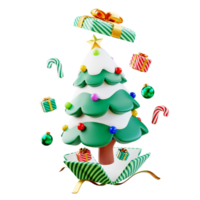 vrolijk Kerstmis en gelukkig nieuw jaar. Kerstmis boom met ornamenten snuisterij bal, geschenk doos, snoep riet. realistisch 3d ontwerp van voorwerpen voor vakantie kaart, banier, web poster, advertenties. 3d renderen png