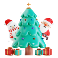 Merry Christmas and Happy New Year. Christmas Santa Claus with Christmas tree, bauble ball, gift box, snowman. Realistic 3d design of objects for Holiday card, banner, web poster, ads. 3D Rendering png