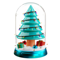 Merry Christmas and Happy New Year. Christmas tree in glass dome with bauble ball, gift box. Realistic 3d design of objects for Holiday card, banner, web poster, ads. 3D Rendering png