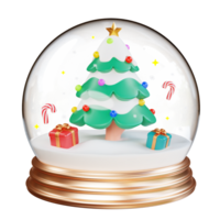 Merry Christmas and Happy New Year. Christmas tree in glass dome with bauble ball, gift box, candy cane. Realistic 3d design of objects for Holiday card, banner, web poster, ads. 3D Rendering png