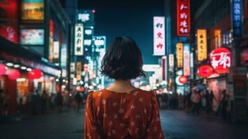 AI generated Generative AI, beautiful girl on night of the neon street of Japan, cyberpunk style photo