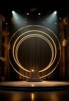 AI generated stage background with a large circular light, in dark bronze and gold style, wood for composition AI generated photo