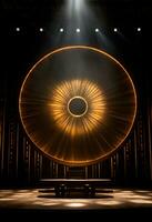 AI generated stage background with a large circular light, in dark bronze and gold style, wood for composition AI generated photo