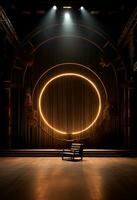 AI generated stage background with a large circular light, in dark bronze and gold style, wood for composition AI generated photo