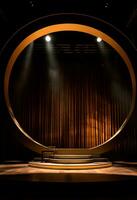 AI generated stage background with a large circular light, in dark bronze and gold style, wood for composition AI generated photo