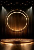 AI generated stage background with a large circular light, in dark bronze and gold style, wood for composition AI generated photo